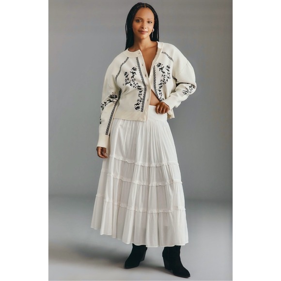 NWT Anthropologie Puff-Sleeve Cardigan Sweater Ivory Black Floral XS $148 Crop - Picture 3 of 9